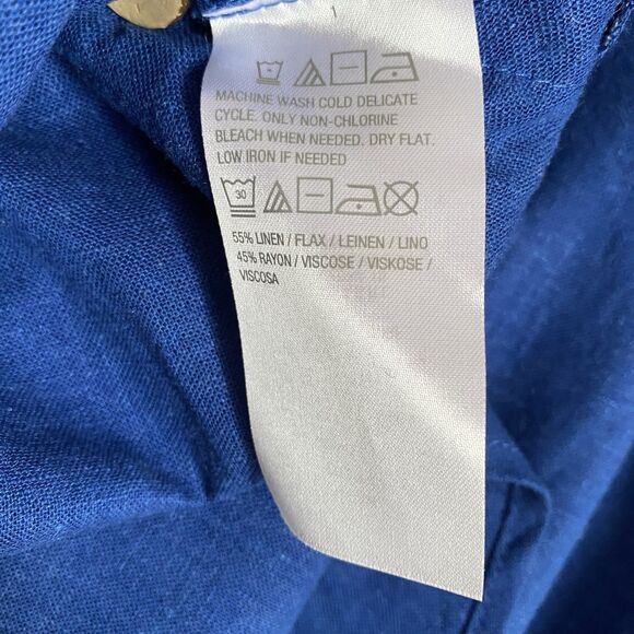 Susan Graver Pure Linen Top Tunic 1XP Blue Round Neck Roll Tab Sleeve Relaxed - Picture 8 of 8